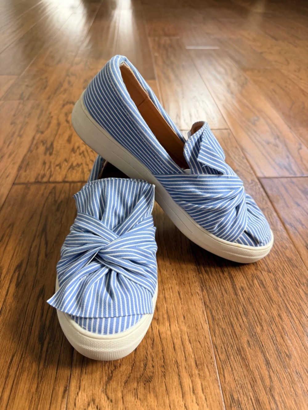 Blue Stripe Bow Slip-On Sneakers | Knot Detail Flats | Size 9